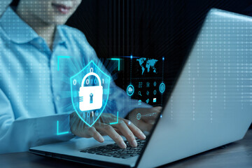 Cybersecurity privacy data protection and encryption concept, Internet network security, Information safety and encryption, Future technology and cybernetics, screen padlock, Password to laptop.