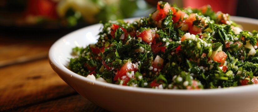 Tabbouleh served in a white bowl, a Lebanese salad.