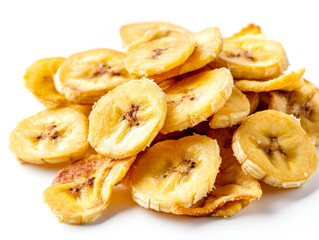 Banana chips isolated on white background. Dried banana slices.