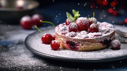 Fruit tart with cherries on dark backdrop