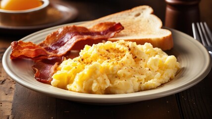 Scrambled eggs with crispy bacon and toast for breakfast