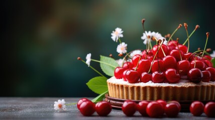 Cherry tart adorned with fresh cherries and flowers on a wooden table