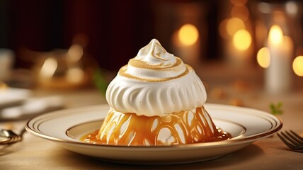 Silky panna cotta with caramel sauce and a toasted meringue topping - obrazy, fototapety, plakaty