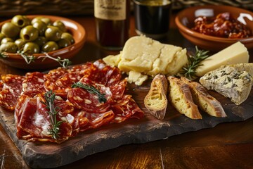 Portuguese Charcuterie Delight: Savor an Authentic Experience with a Presunto Board, Showcasing Cured Ham, Chouriço, Linguiça, Portuguese Cheeses, Olives, and Crusty Bread - A Gastronomic Journey. - obrazy, fototapety, plakaty
