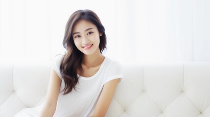 Beauty model portrait of young Asian woman with white and clean skin, beautiful smiling expression, graceful posing on sofa