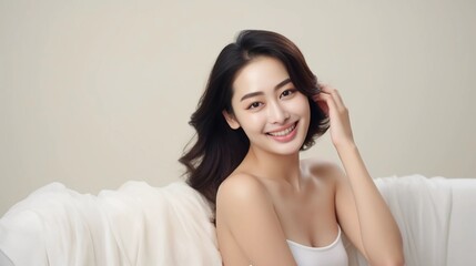 Naklejka premium Beauty model portrait of young Asian woman with white and clean skin, beautiful smiling expression, graceful posing on sofa