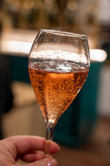 Tasting of sparkling wine champagne on winter weekend festival in December on Avenue de Champagne, Epernay, Champagne region, France