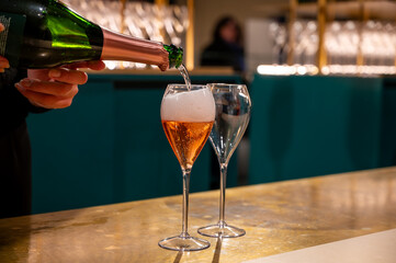 Tasting of sparkling wine champagne on winter weekend festival in December on Avenue de Champagne, Epernay, Champagne region, France