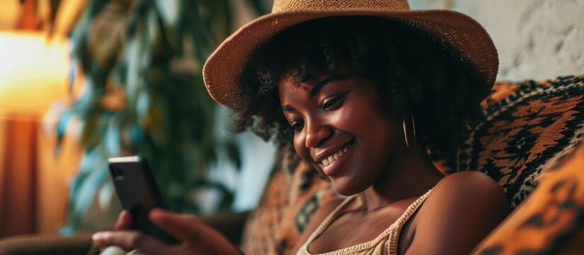 Content black woman at home reading a text message with a smile.