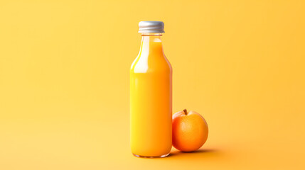 Orange juice in a glass bottle, vibrant background.