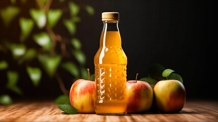 Apple juice in a glass bottle, set against a dark background.