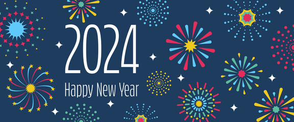 2024 Happy New Year - Schriftzug in englischer Sprache - Frohes neues Jahr. Neujahrskarte mit buntem Feuerwerk auf nachtblauem Himmel. - obrazy, fototapety, plakaty