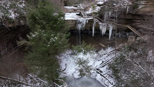 frozen waterfall drone view snow