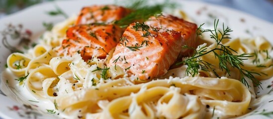 Salmon and dill accompany delicious pasta on a plate.
