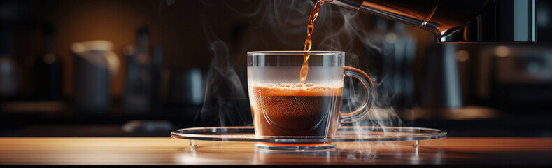 A cup of coffee being poured into a glass. Generative AI.