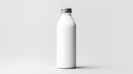 Glass bottle with fresh milk on a clean white background.