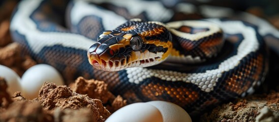 Incubation of a piebald female royal python snake on eggs. - obrazy, fototapety, plakaty