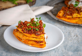 Turkish Food Kayseri Yaglama with Minced Meat, Yogurt and Tomato Paste