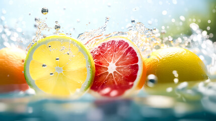 Cross section of fruits in water splashes on a tropical backdrop.