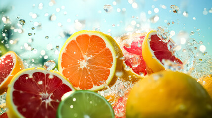 Cross section of fruits in water splashes on a tropical backdrop.