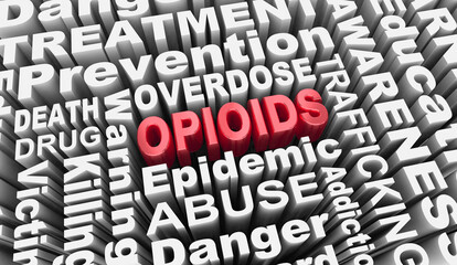 Opioids Drug Addiction Abuse Prescription Painkiller Medicine Oxy Words 3d Illustration - obrazy, fototapety, plakaty