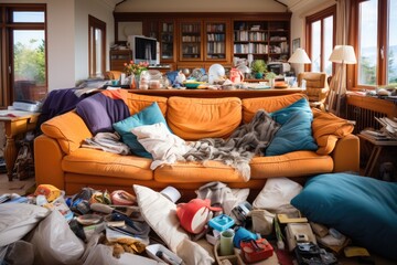 Messy living room interior. Dirty sofa and chaos on floor - obrazy, fototapety, plakaty