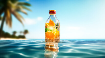 Exotic cocktail in a bottle against a backdrop of palm trees and sea.