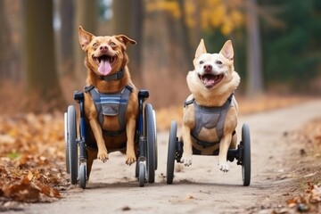 Two happy disabled dogs in wheelchair running in city park