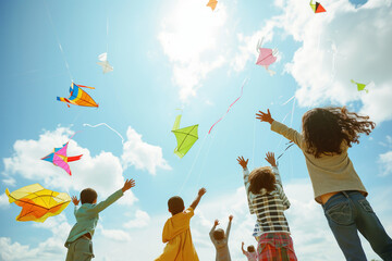 A diverse group of children enjoying a sunny and windy day flying kites outdoors, playing under the sun,welcoming spring - obrazy, fototapety, plakaty