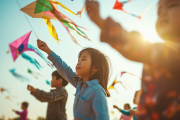 A multicultural group of children have fun outdoors flying kites on a sunny and windy day at a summer camp.