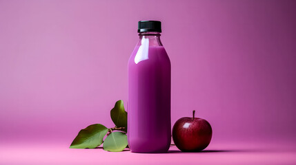 Plum juice in a bottle on a vivid background.