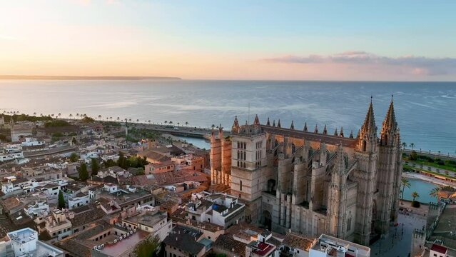 Aerial view of Palma de Mallorca cityscape. Cathedral La Seu of Santa Maria Royal Palace of La Almudaina. Balearic Islands. Spain