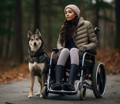 Disabled woman in wheelchair with friendly dog in city park