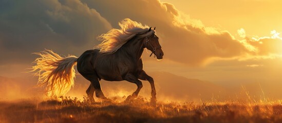Golden horse with white mane runs at sunset. - obrazy, fototapety, plakaty