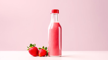 Strawberry juice in a bottle on a pink background
