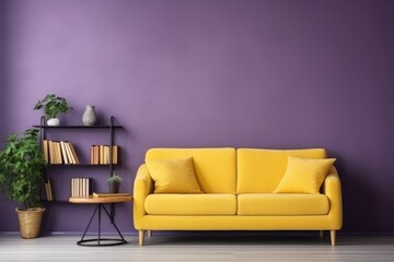 Yellow sofa on purple wall in living room at home