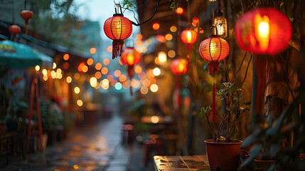 Summer Garden Terrace at Chinese Asian Restaurant - obrazy, fototapety, plakaty