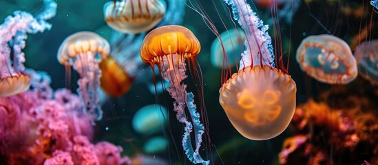 Jellyfish photo underwater in various colors.