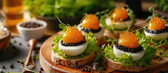 Fototapeta na wymiar Tasty starter - caviar-topped eggs on lettuce, wooden table, focused.