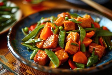 Stir-Fried Tempeh with Vegetables - Tempeh Cubes Stir-Fried with Colorful Bell Peppers, Snap Peas, and Carrots, Seasoned with Tamari or Soy Sauce for a Hearty, Plant-Based Option - obrazy, fototapety, plakaty