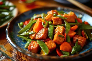 Foto op Canvas Stir-Fried Tempeh with Vegetables - Tempeh Cubes Stir-Fried with Colorful Bell Peppers, Snap Peas, and Carrots, Seasoned with Tamari or Soy Sauce for a Hearty, Plant-Based Option © Mr. Bolota