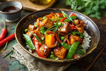 Stir-Fried Tempeh with Vegetables - Tempeh Cubes Stir-Fried with Colorful Bell Peppers, Snap Peas, and Carrots, Seasoned with Tamari or Soy Sauce for a Hearty, Plant-Based Option