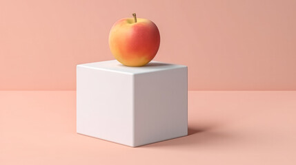 Peach on a white cube, set against a gentle background.