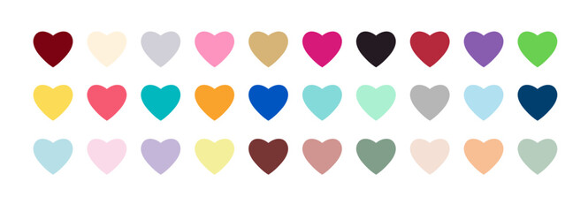 Collection of 30 illustrated heart icons in different colors doodles illustration