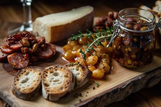 Spanish Gastronomy Fiesta: A Spanish Tapas Platter, Featuring a Tempting Mix of Chorizo, Salchich&oacute;n, Lomo, Manchego Cheese, Marcona Almonds, and Quince Paste - A Gastronomic Delight.