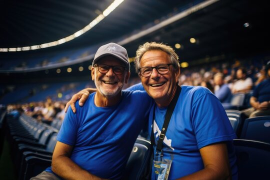 Mature male soccer fans together at the stadium