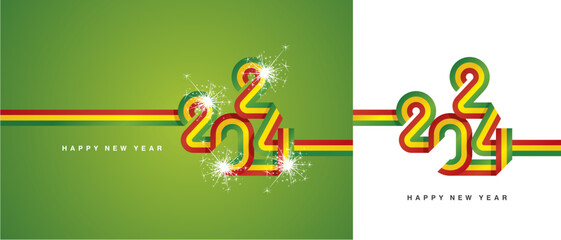 New Year 2024 continuous ribbon in the shape of 2024. Abstract red yellow green flag of Bolivia shape 2024 logo gift wrapping tape isolated on white and green background - obrazy, fototapety, plakaty