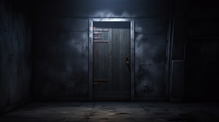 Illustration of creepy dark scary door. AI Generative