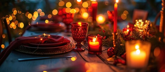 Setting for a romantic dinner or holiday table, adorned with red decor and candlelight.