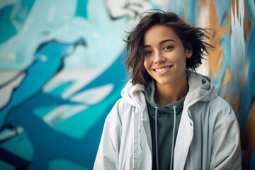 happy female smiling against graffiti - obrazy, fototapety, plakaty